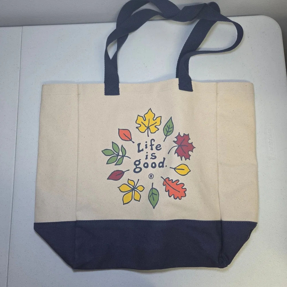 Life Is Good Canvas Tote Bag Cream Navy Blue Fall Leaves Graphic Large 15X18‎